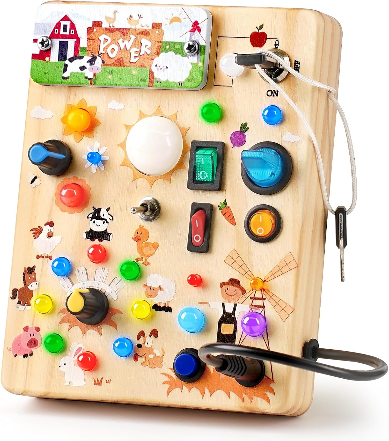 Joyreal Montessori Busy Board Wooden Sensory Toys for Toddler with LED Light Up Switch, Baby Fidget Board Travel Toys for 18+ Months, Boys Girls Birthday - PuriLite