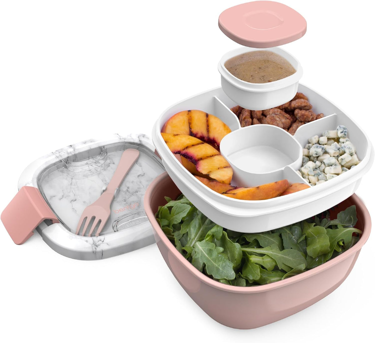 Bentgo Salad - Stackable Lunch Container with Large 54-oz Salad Bowl, 4-Compartment Bento-Style Tray for Toppings, 3-oz Sauce Container for Dressings, Built-in Reusable Fork & BPA-Free (Khaki Green) - PuriLite