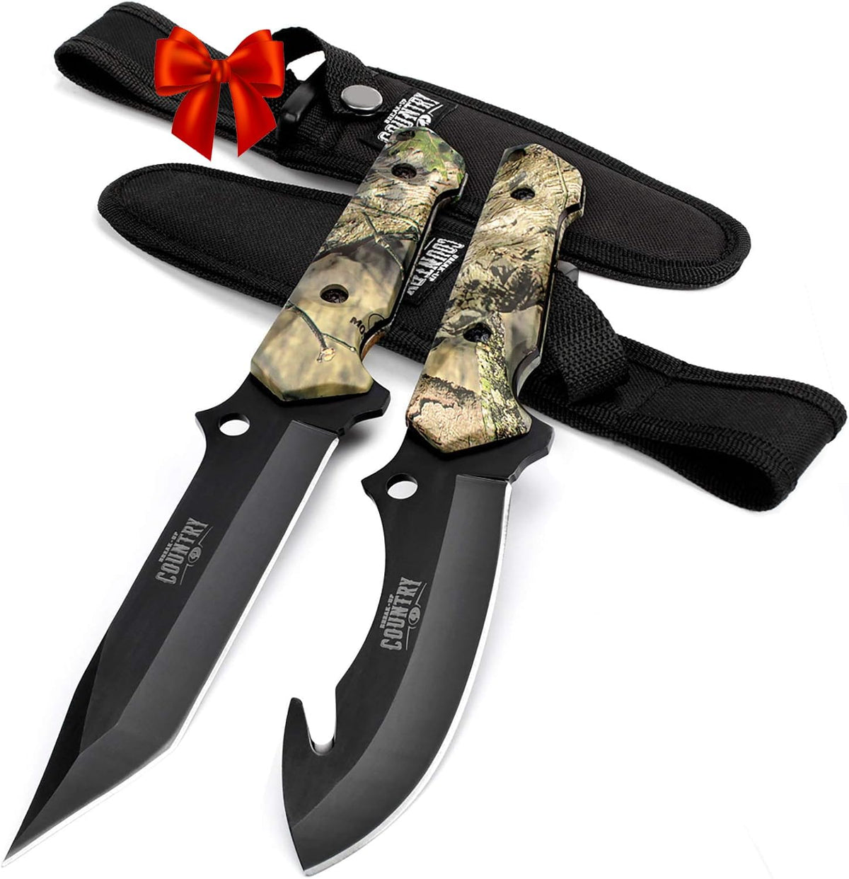 Mossy Oak 2-Piece Hunting Knives Gut Hook Set with Sheath Fixed Blade Stainless Steel Blades - PuriLite