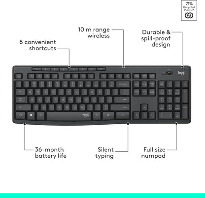 Logitech MK295 Wireless Mouse & Keyboard Combo with SilentTouch Technology, Full Numpad, Advanced Optical Tracking, Lag-Free Wireless, 90% Less Noise - Graphite - PuriLite