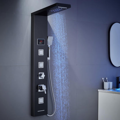 LED Shower Panel Tower System Black, MENATT 304 Stainless Steel 5-Function Shower Panel Rainfall Waterfall Shower Rain Massage System with Body Jets - PuriLite