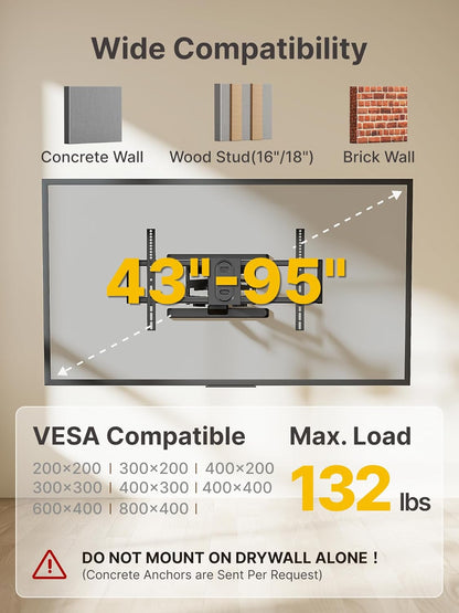 monTEK Long Arm TV Wall Mount for Most 43-90 Inch TVs, 42.5 Inch Long Extension TV Mount Swivel and Tilt, Full Motion Wall Mount TV Bracket Fit Max VESA 800 x 400mm, Up to 132 lbs, 16”,18” Studs - PuriLite