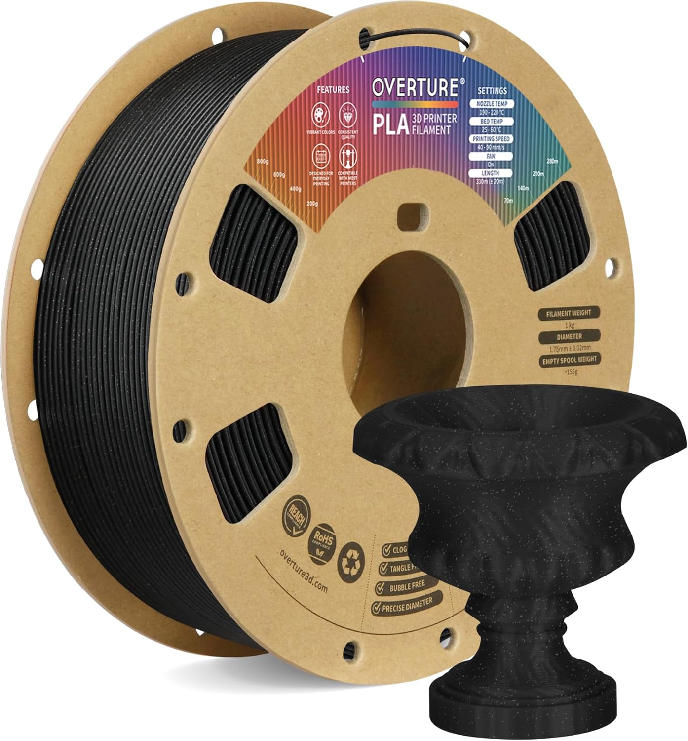 OVERTURE PLA Filament 1.75mm PLA 3D Printer Filament, 1kg Cardboard Spool (2.2lbs), Dimensional Accuracy +/- 0.02mm, Fit Most FDM Printer (Black 1-Pack) - PuriLite