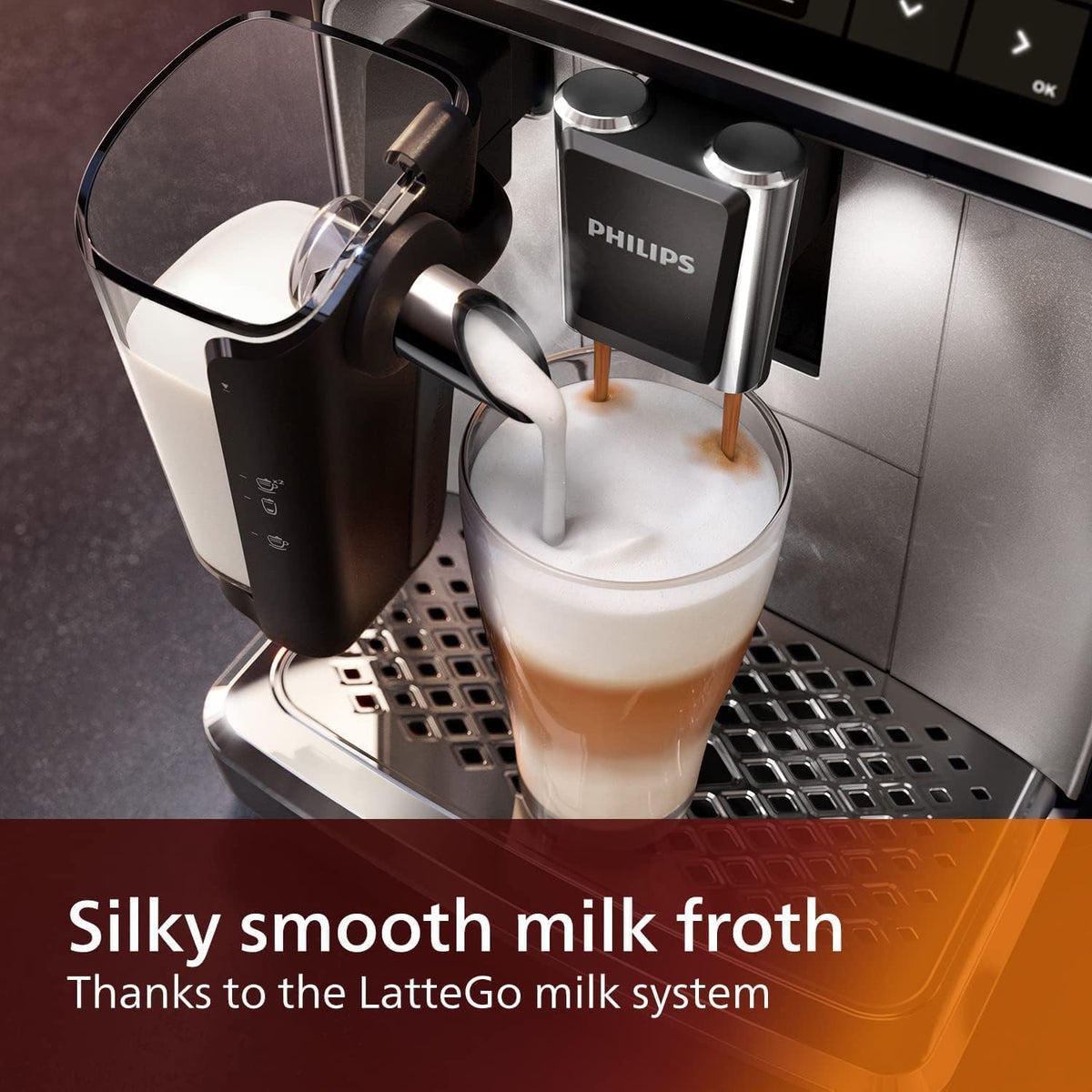 PHILIPS 5500 Series Fully Automatic Espresso Machine - LatteGo Milk System, 20 Coffee Varieties, Intuitive Touch Display, SilentBrew, 100% Ceramic Grinder, AquaClean Filter, Grey Chromed (EP5544/90) - PuriLite