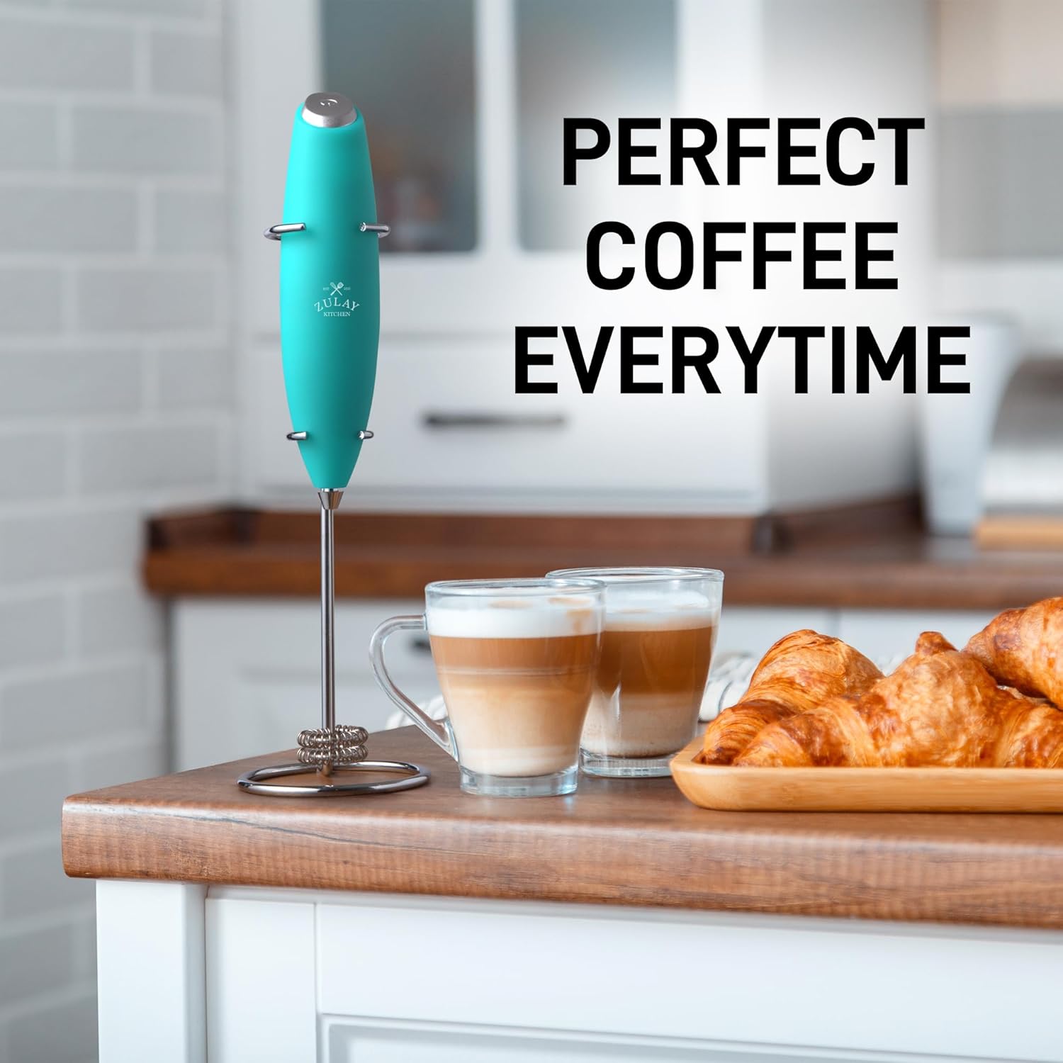 Zulay Kitchen Powerful Double Whisk Milk Frother Handheld - Foam Maker with Stand - Whisk Drink Mixer for Coffee, Mini Foamer for Latte, Matcha, Frappe, Hot Chocolate & Cappuccino (Black) - PuriLite