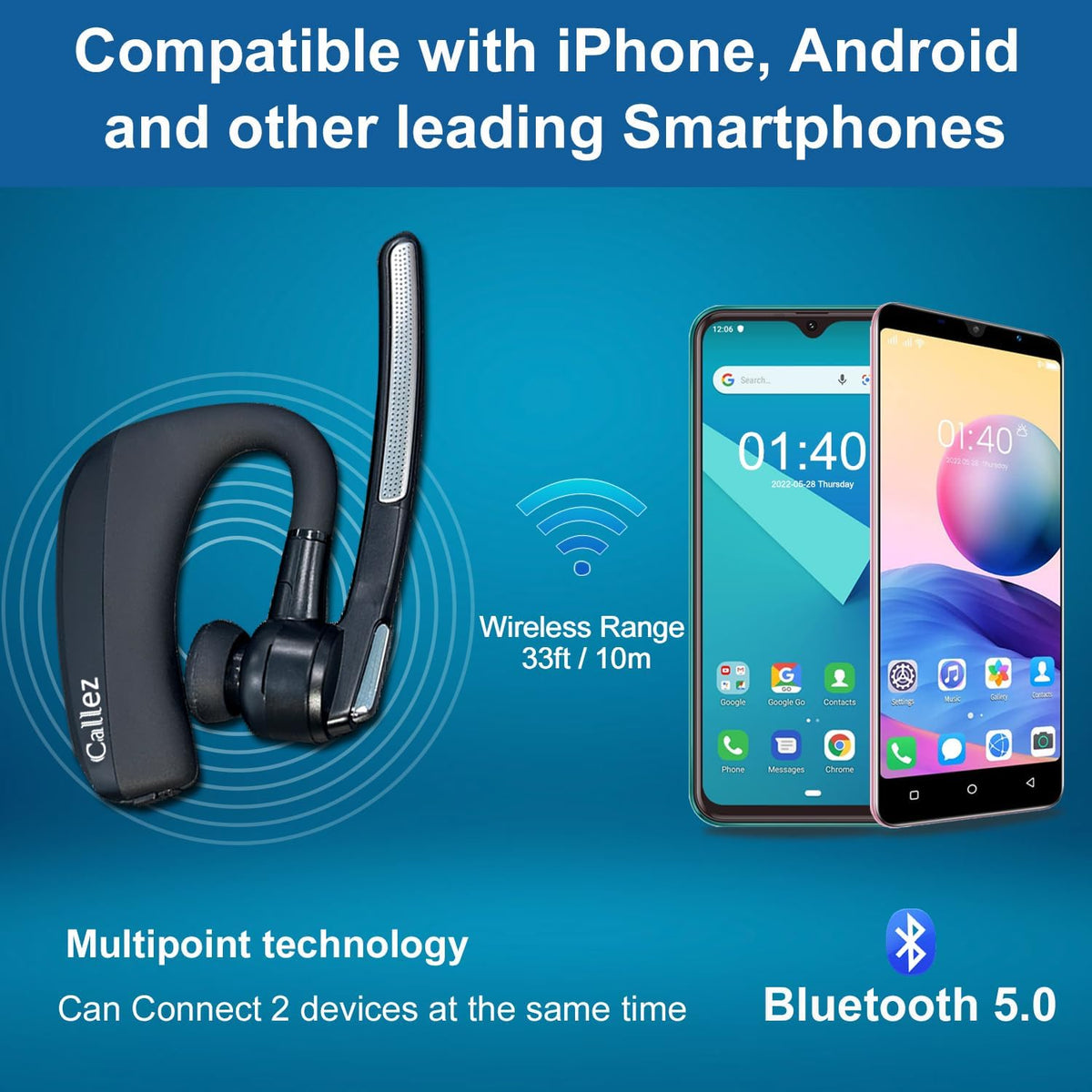 Bluetooth Headset for iPhone Android Cell Phone, Bluetooth Earpiece V5.0 with CVC8.0 Dual Mic Noise Cancelling & Mute/Volume Buttons, Hands-Free Wireless Headset for Trucker Office Business - PuriLite