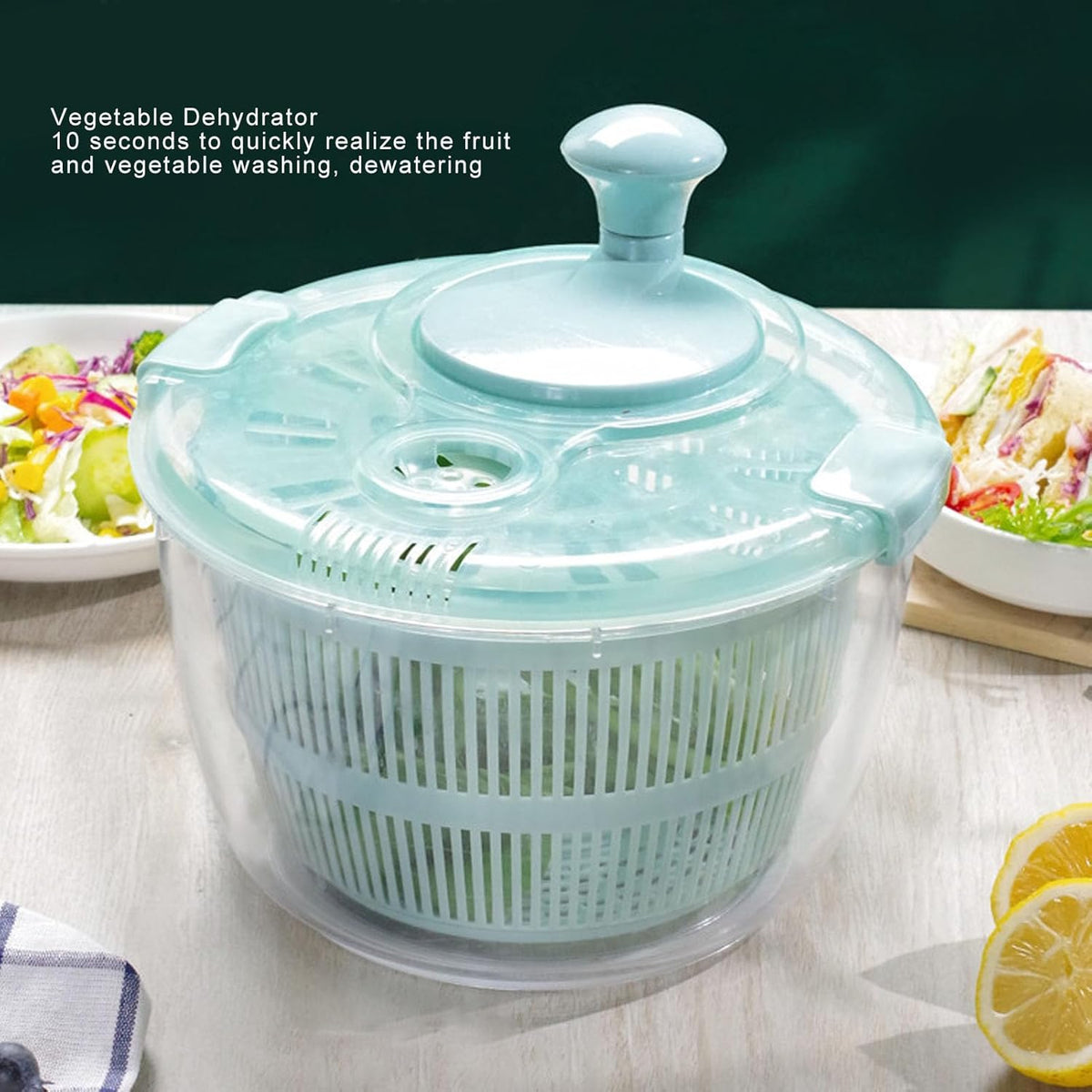 Salad Rotator, 5L Capacity Kitchen Tool with Non Slip Base, One Handed, Salad Bowl, Filter Basket, Salad Mixer, 5.28 Quart, Blue, for Washing and Dehydrating Vegetables - PuriLite