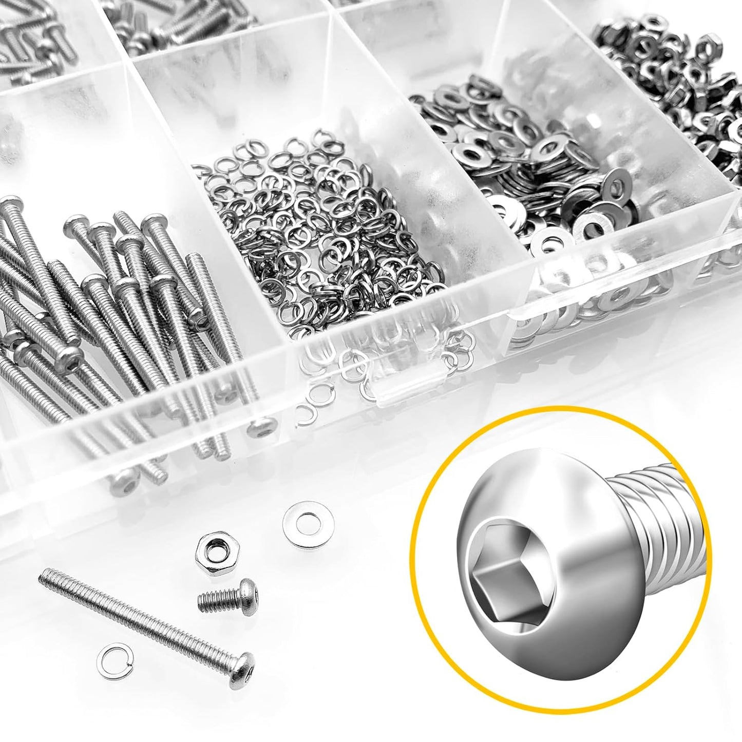 Mywish 900Pcs Metric Screw Assortment, M3 M4 M5 M6 Screw Assortment Kit 304 Stainless Steel Hex Socket Button Head Socket Cap Metric Screws Bolts & Flat Washers/Nuts/Hex Wrenches 16 Sizes 8MM to 20MM - PuriLite