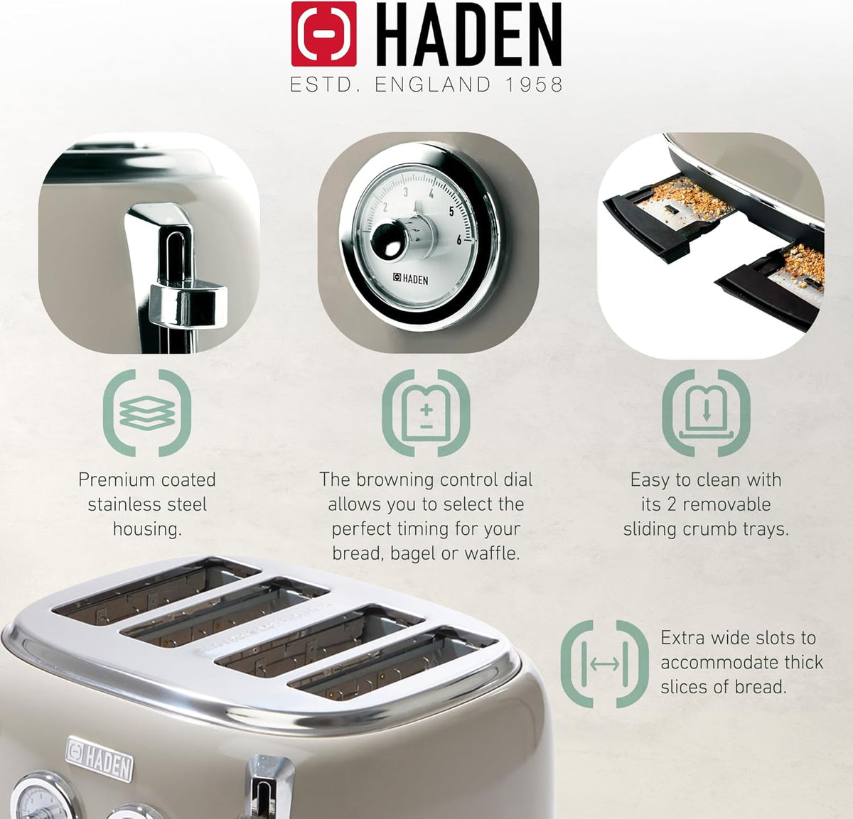 Haden Dorset 75083 Stainless Steel 1500W Retro Toaster 4 Slice Wide Slot w/Removable Crumb Tray and Settings, Black/Copper Toasters w/Adjustable Browning Control, Smart Toaster - PuriLite