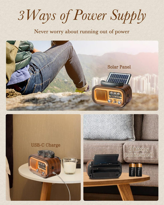 PRUNUS J-150 Small Retro Vintage Radio Bluetooth, Portable Radio AM FM Transistor Radio with Best Sound, Solar/Battery Operated Radios/Rechargeable Radios, TWS, Support TF Card/USB Playing
