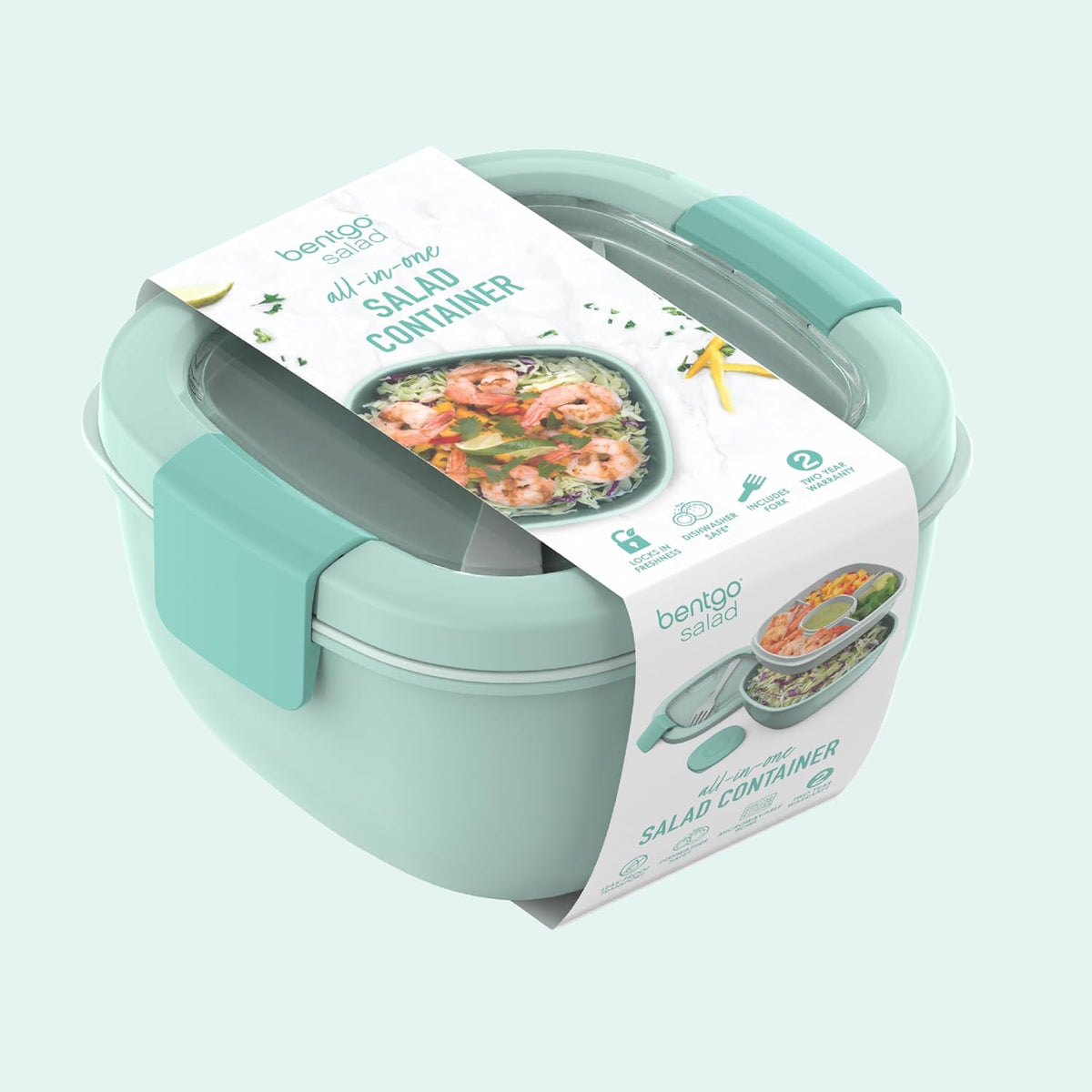 Bentgo Salad - Stackable Lunch Container with Large 54-oz Salad Bowl, 4-Compartment Bento-Style Tray for Toppings, 3-oz Sauce Container for Dressings, Built-in Reusable Fork & BPA-Free (Khaki Green) - PuriLite