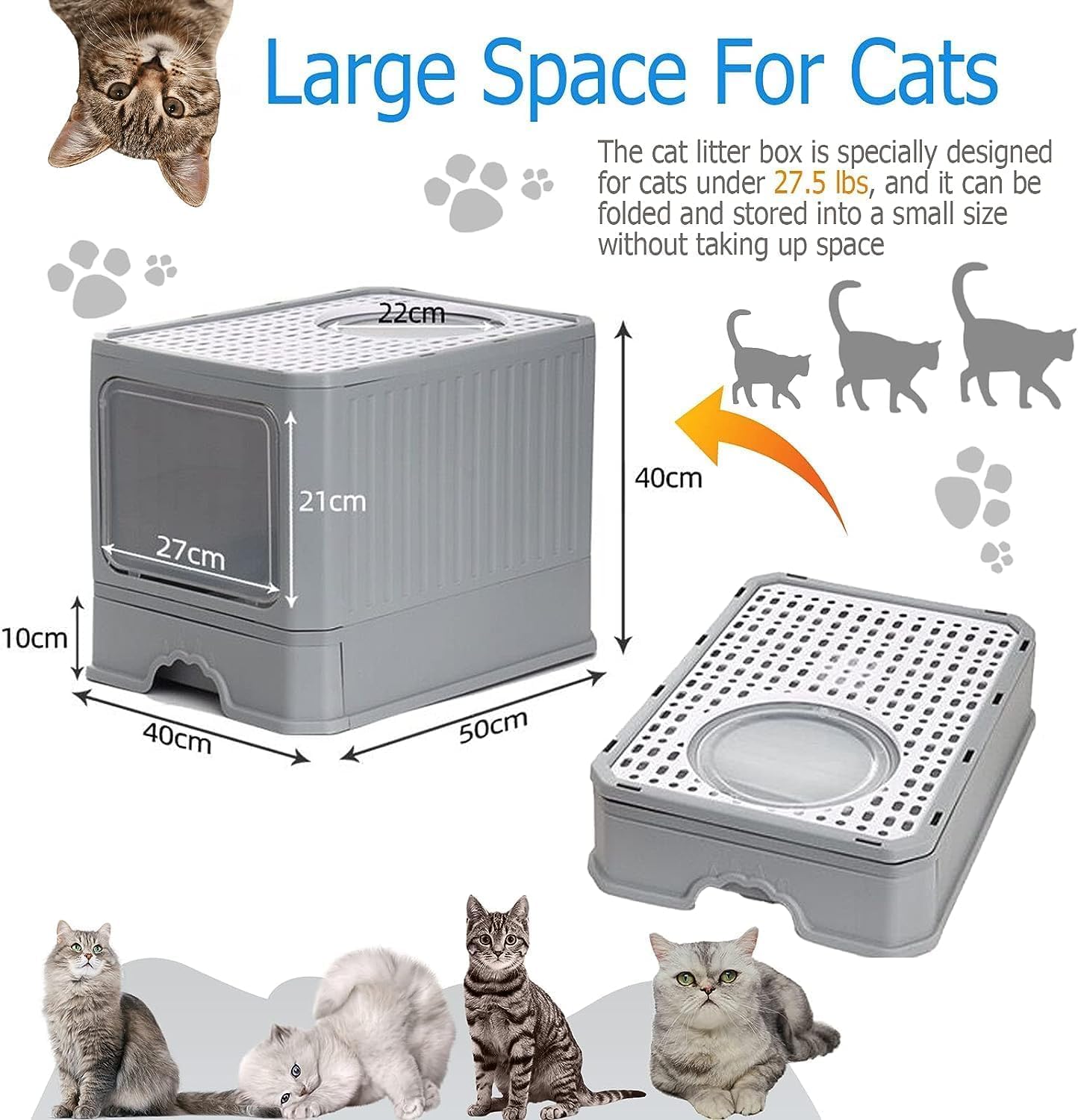 Foldable Cat Litter Box, Acotsun Extra Large Front Entry Enclosed Cat Potty, Top Entry Anti-Splashing Cat Toilet, Litter Cat Box - PuriLite