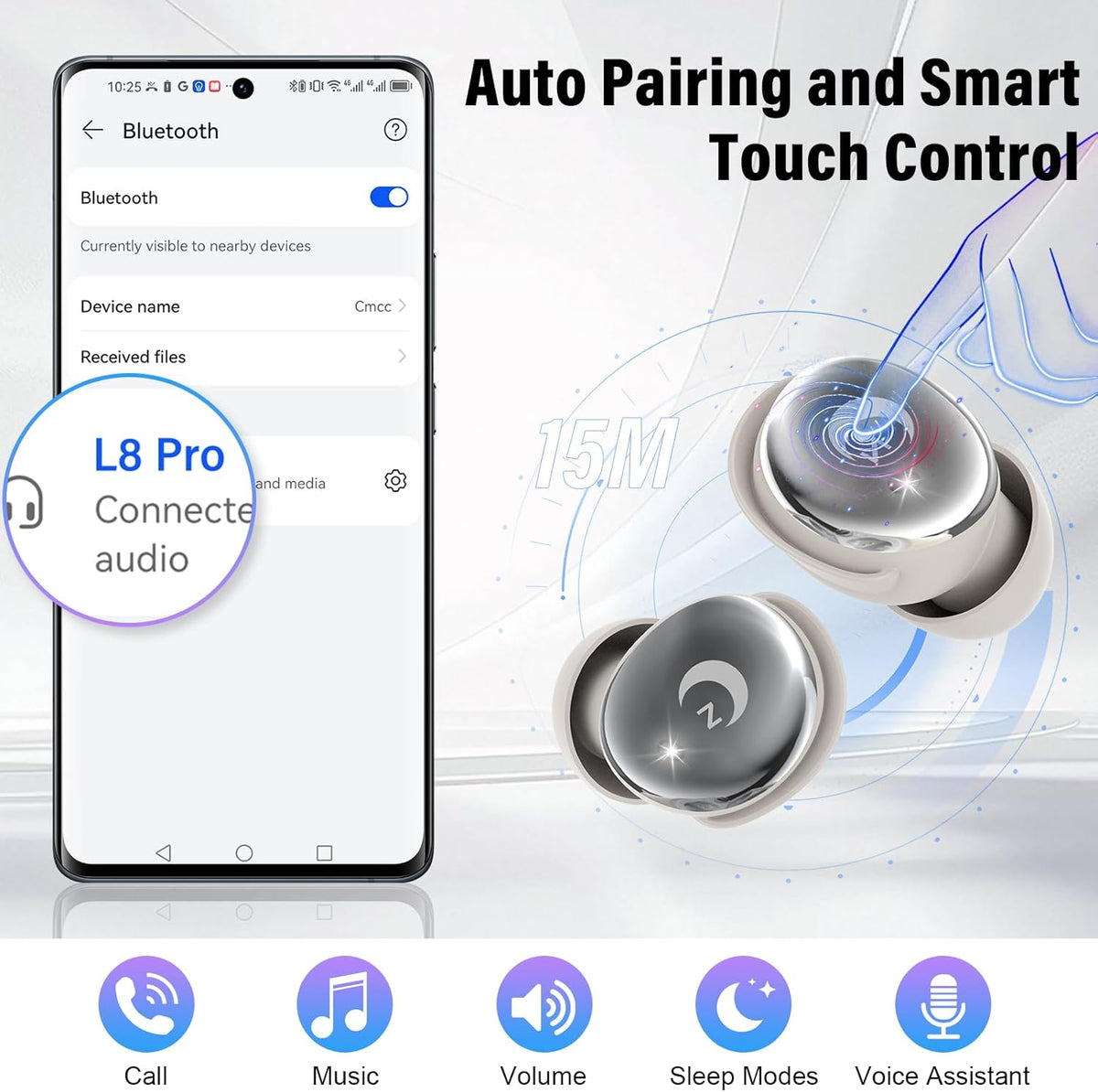 VEKJ Sleep Earbuds, Bluetooth 5.4 Mini Wireless Ear Euds with Multifunctional Touch Screen, 48H Bass Stereo Headphones with Sleep Mode/5 EQ Modes/ENC Noise Cancelling, IPX7 Earphones for iOS Android - PuriLite
