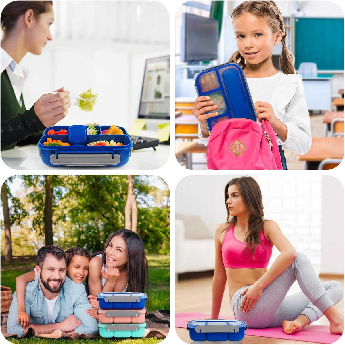 MaMix Bento Lunch Box Adult, Kids, Lunch Containers for Adults/Kids/Students,1300ML-4 Compartment (Blue) - PuriLite
