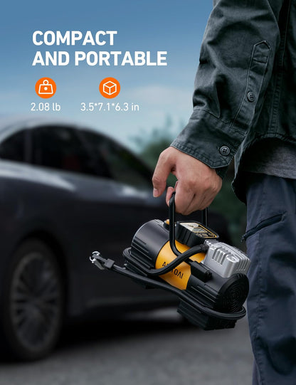 AstroAI Tire Inflator Portable Air Compressor (Up to 150 PSI) Tire Pump for Car 12V DC Digital Air Pump with 12 LEDs Super Bright Light for Bicycle, Motorcycle, Automotive Car Accessories - PuriLite