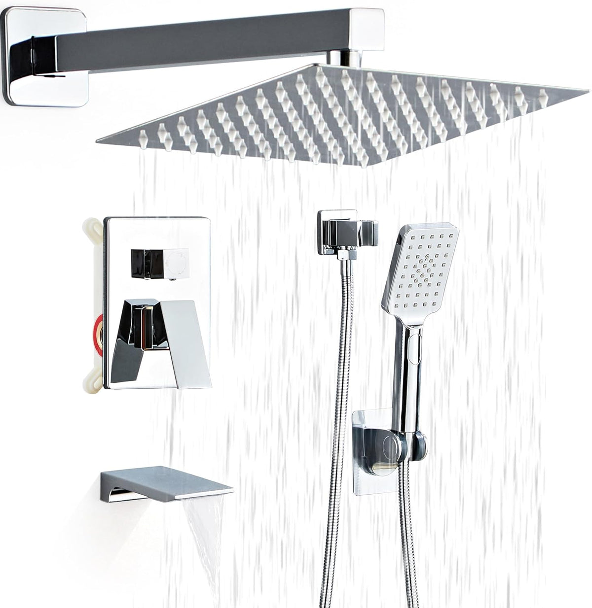LCEVCGK Shower Faucet Set Complete Matte Black Shower System with 8 inch Square Rainfall Shower Head 3-Function Handheld Shower Waterfall Bathtub Spout Rain Shower Combo Set Bathroom Wall Mounted - PuriLite