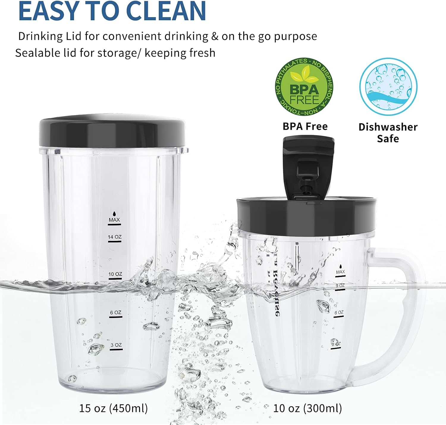 La Reveuse Personal Size Blender 250 Watts Power for Shakes Smoothies Seasonings Sauces with 1 Piece 15 oz Cup,1 Piece 10 oz Mug,BPA Free (Black) - PuriLite