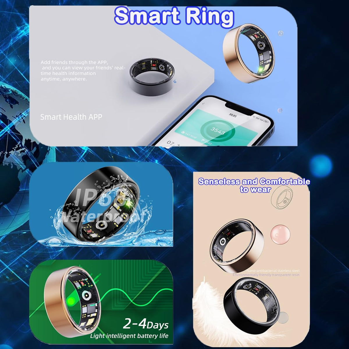 Smart Fitness ; Health Ring – Rechargeable Waterproof Activity & Sleep Tracker (Silver, Size 11) - PuriLite