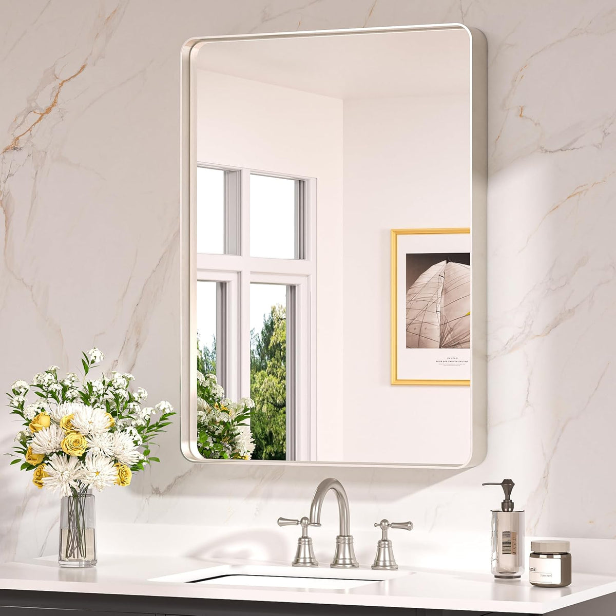 Keonjinn 42 x 36 Brushed Nickel Bathroom Vanity Mirror, Large Rounded Rectangle Bathroom Mirrors for over Sink, Metal Framed Silver Mirror for Wall, Shatterproof HD Tempered Glass(Horizontal/Vertical) - PuriLite