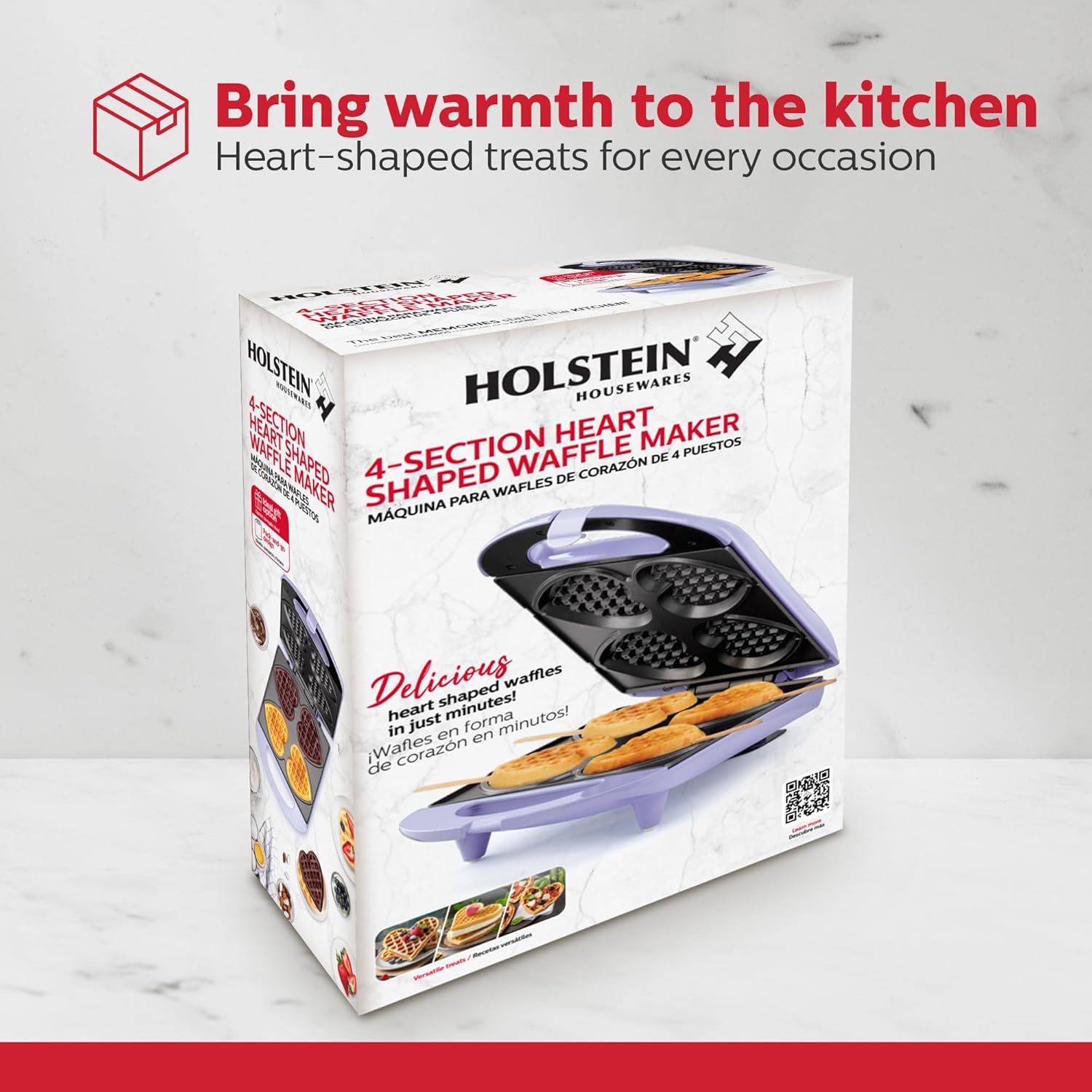 Holstein Housewares - Non-Stick Heart Waffle Maker, Lavender - Makes 4 Heart-Shaped Waffles in Minutes - PuriLite