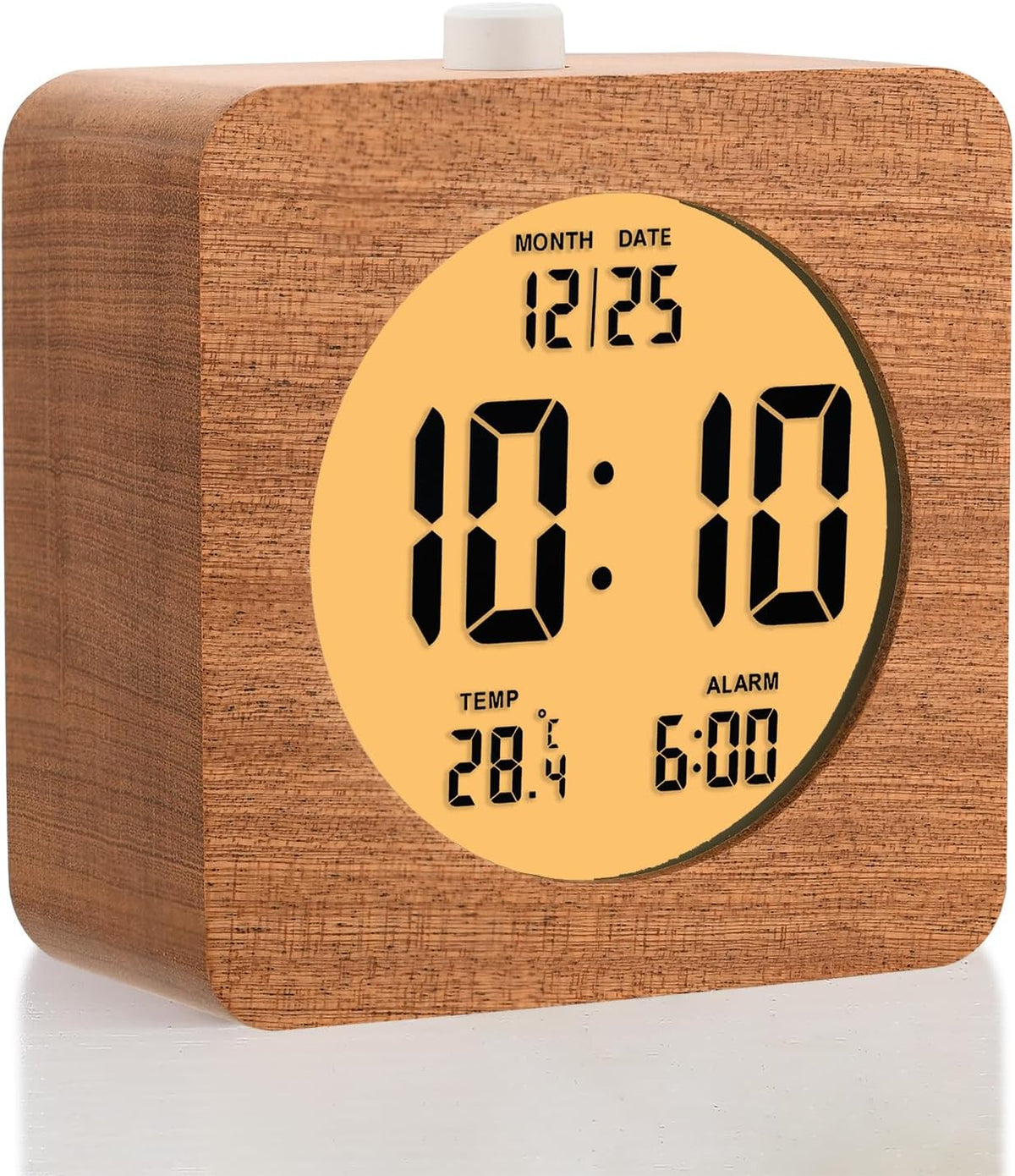 Plumeet Wooden Digital Alarm Clock for Bedrooms, Wood 4'' Battery Powered Alarm Clock with Snooze and Nightlight, Electronic LCD Desk Clock Display Time, Date, Temp, 12/24H, Wood Décor (Sapele, 3.2'') - PuriLite