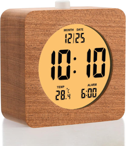 Plumeet Wooden Digital Alarm Clock for Bedrooms, Wood 4'' Battery Powered Alarm Clock with Snooze and Nightlight, Electronic LCD Desk Clock Display Time, Date, Temp, 12/24H, Wood Décor (Sapele, 3.2'') - PuriLite