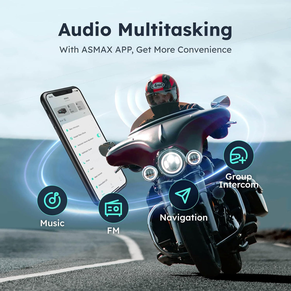 ASMAX S1 Mesh Motorcycle Bluetooth Headset – Smart Voice Control Helmet Intercom for 8 Riders, Bluetooth 5.4, Noise Cancellation, FM Radio, IPX7 Waterproof, Music Sharing & FOTA Update - PuriLite