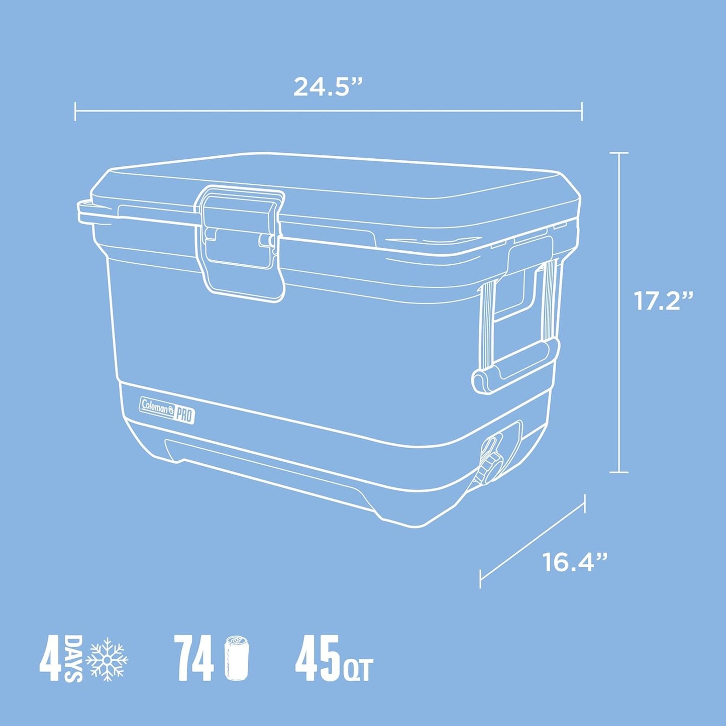Coleman Pro Heavy-Duty Ultra-Light Premium Hard Cooler, 92/74/36-Can Capacity, Extra-Thick Insulation Keeps Ice up to 5/4/3 Days, 55-Quart Wheeled Cooler or 45/25 qt (No Wheels), Blue Sky - PuriLite