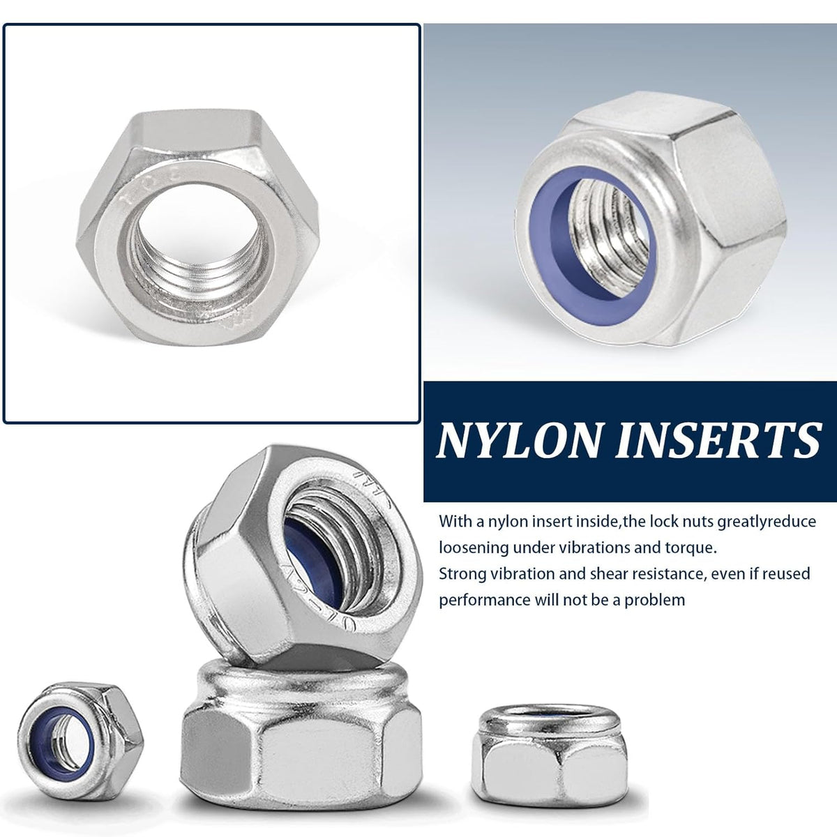 Vifmy 110 Pack 1/4"-20 Inch Lock Nuts,304 (A2-70) Stainless Steel Nylon Insert Locknuts,Standard Inch Thread Nylock Nuts for Bolts - PuriLite