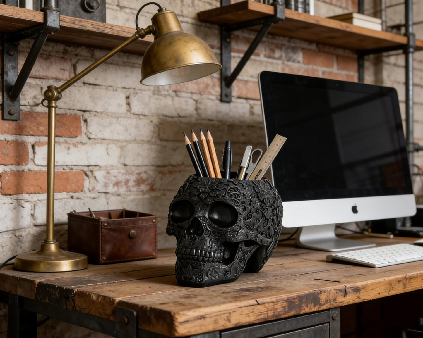 Black Skull Organizer | Makeup Brush Holder | Candy Bowl | Pen Holder | Gothic Skull Décor - PuriLite