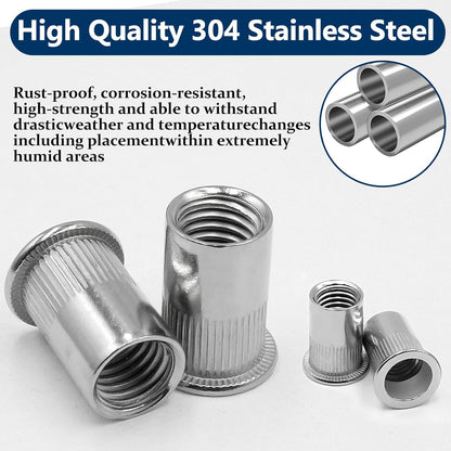 Vifmy Metric & SAE Rivet Nut Assortment Kit(420 Pcs),m3 m4 m5 m6 m8 m10 m12#6-32#8-32#10-24 1/4"-20 5/16"-18 3/8"-16 UNC Flat Head Rivnut Set,Zinc Plated Finish Carbon Steel Nutsert - PuriLite
