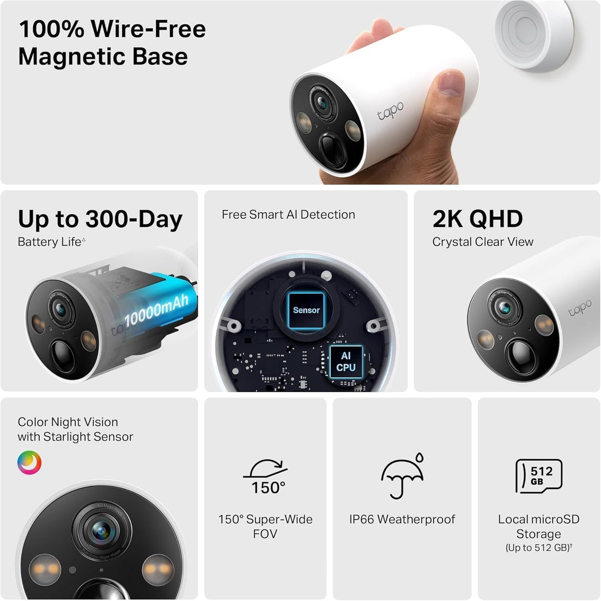 TP-Link Tapo Solar-Powered Security Camera Kit, 2K Wireless Battery Camera w/Solar Panel Base, Smart Person Detection, SD/Cloud Storage, Spotlight Color Night Vision, No Hub Needed (Tapo C410 KIT) - PuriLite