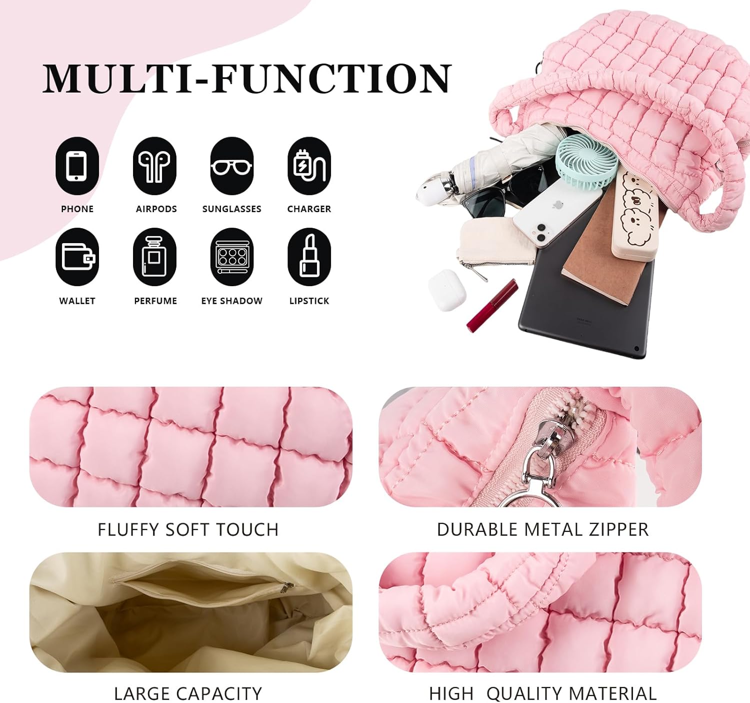Quilted Puffer Tote Bag Large Crossbody Shoulder Bag with Zipper, Nylon Hobo Oversized Handbag - PuriLite