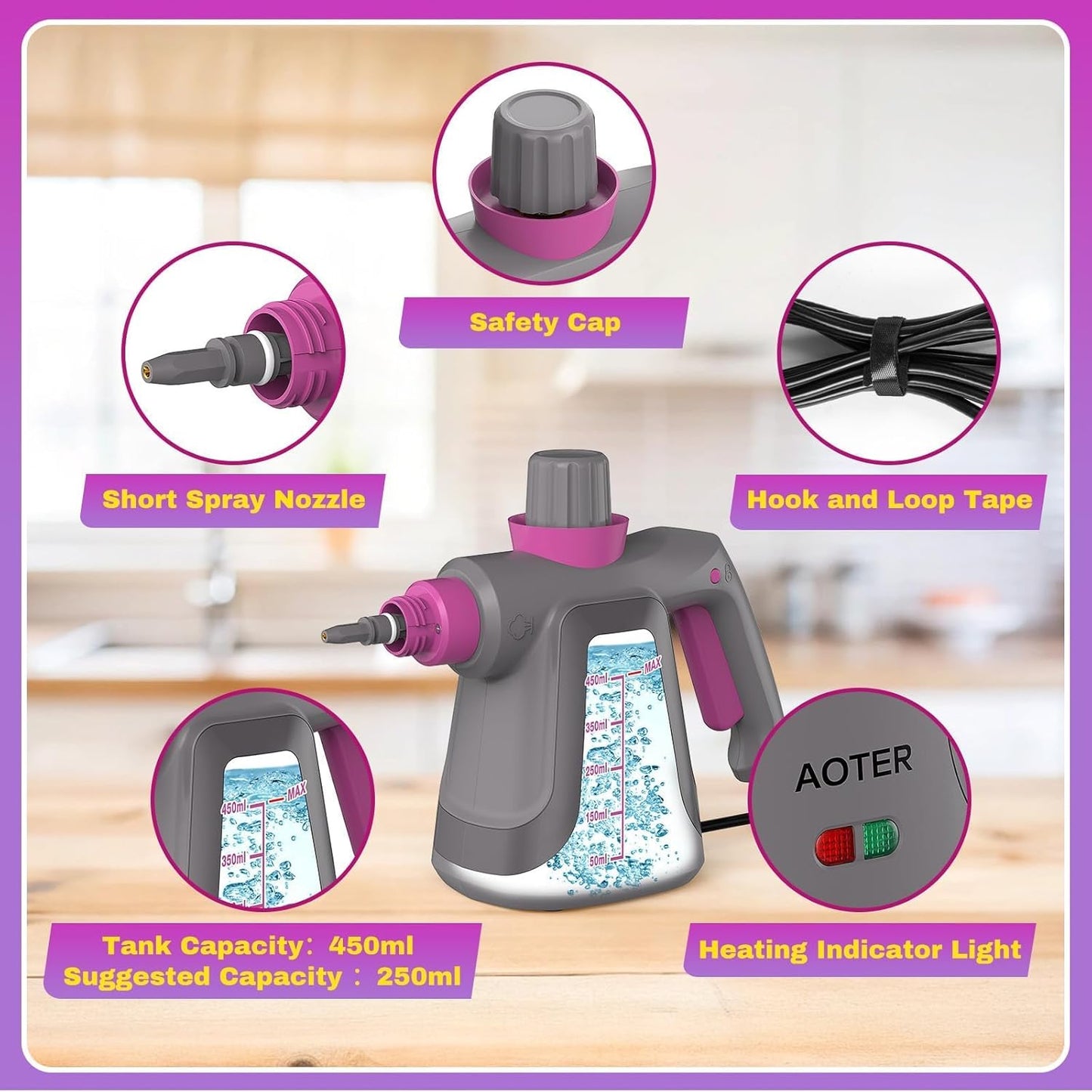 AOTER Pressurized Handheld Steam Cleaner, Portable Steam Cleaner Multipurpose for Home, Multi-Surface Steam Cleaner for Tile, Grout, Windows, Bathroom, Kitchen, Car Cleaning, with 12pcs Accessories - PuriLite