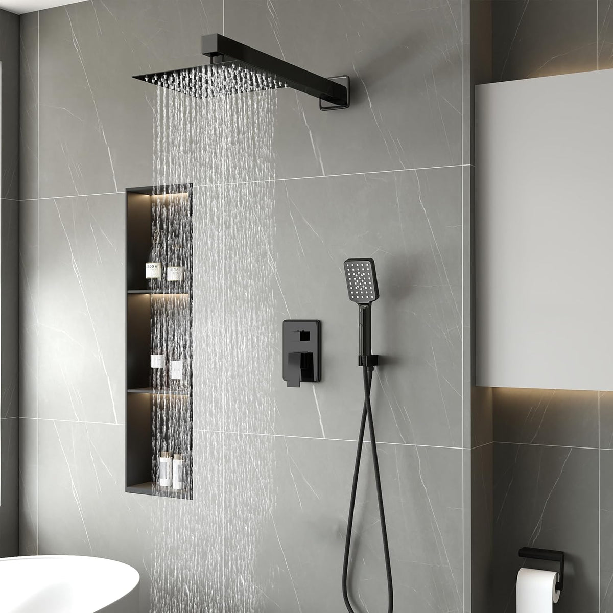 LCEVCGK Shower Faucet Set Complete Matte Black Shower System with 8 inch Square Rainfall Shower Head 3-Function Handheld Shower Waterfall Bathtub Spout Rain Shower Combo Set Bathroom Wall Mounted - PuriLite