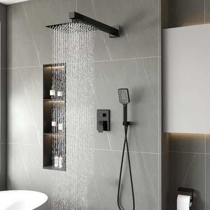 LCEVCGK Shower Faucet Set Complete Matte Black Shower System with 8 inch Square Rainfall Shower Head 3-Function Handheld Shower Waterfall Bathtub Spout Rain Shower Combo Set Bathroom Wall Mounted - PuriLite