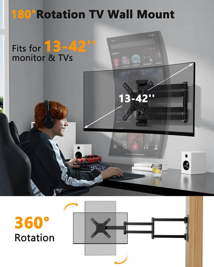 WHYFONE Long Arm Corner TV Monitor Wall Mount with 40.78" Extension for Most 13-43inch TVs Monitors, Full Motion Articulating Triple Arm Foldable, Max VESA 200x200mm, Vertical TV Mount - PuriLite