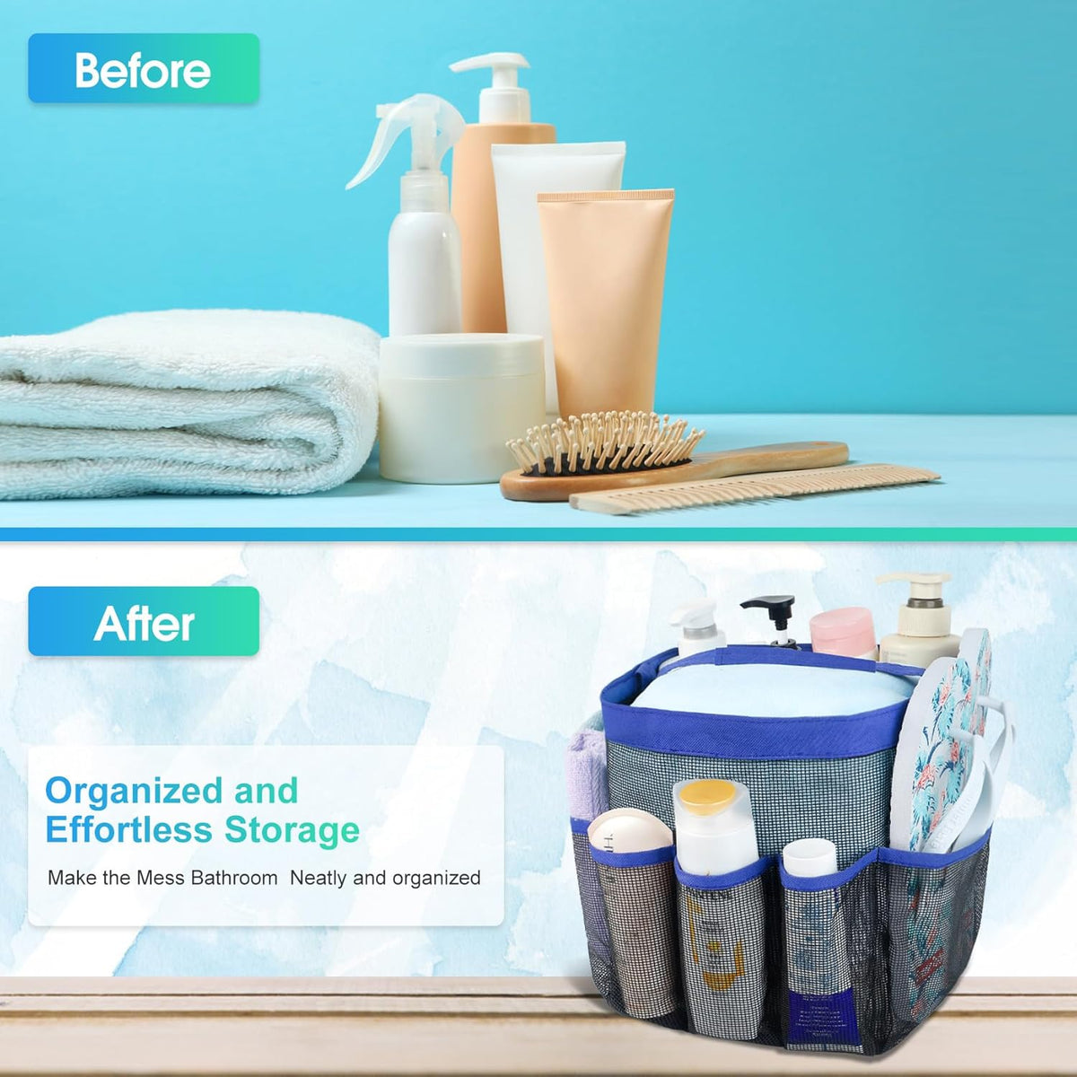 Attmu Mesh Shower Caddy Portable for College Dorm Room Essentials with 8 Pockets, Hanging Shower Caddy Basket Tote Bag Toiletry Accessories for Bathroom - PuriLite