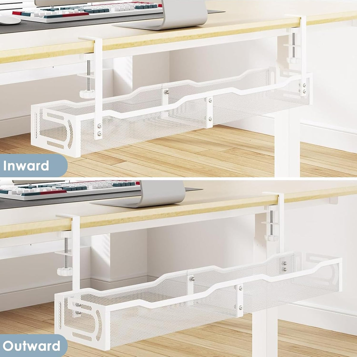 Cable Management, 64CM Cable Management Under Desk No Drill, Metal Cord Organizer with Clamp for Standing Desk, Cable Organizer for Home Office, White