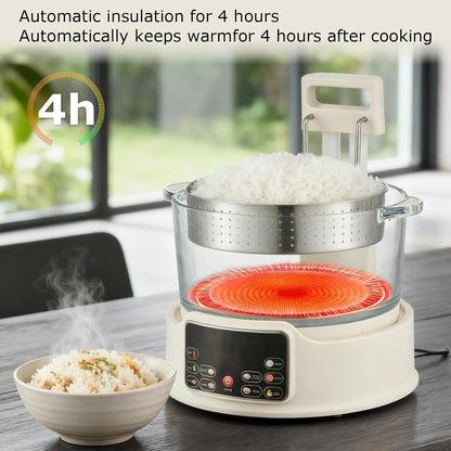3L Low Sugar Rice Cooker | Low Carb Rice Cooker with Auto-Lift Basket, Smart Glass Pot, Steaming, Boiling, Hot Pot, 12-Hour Timer & Keep Warm