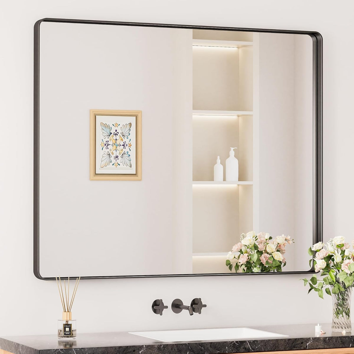 Keonjinn 42 x 36 Brushed Nickel Bathroom Vanity Mirror, Large Rounded Rectangle Bathroom Mirrors for over Sink, Metal Framed Silver Mirror for Wall, Shatterproof HD Tempered Glass(Horizontal/Vertical) - PuriLite