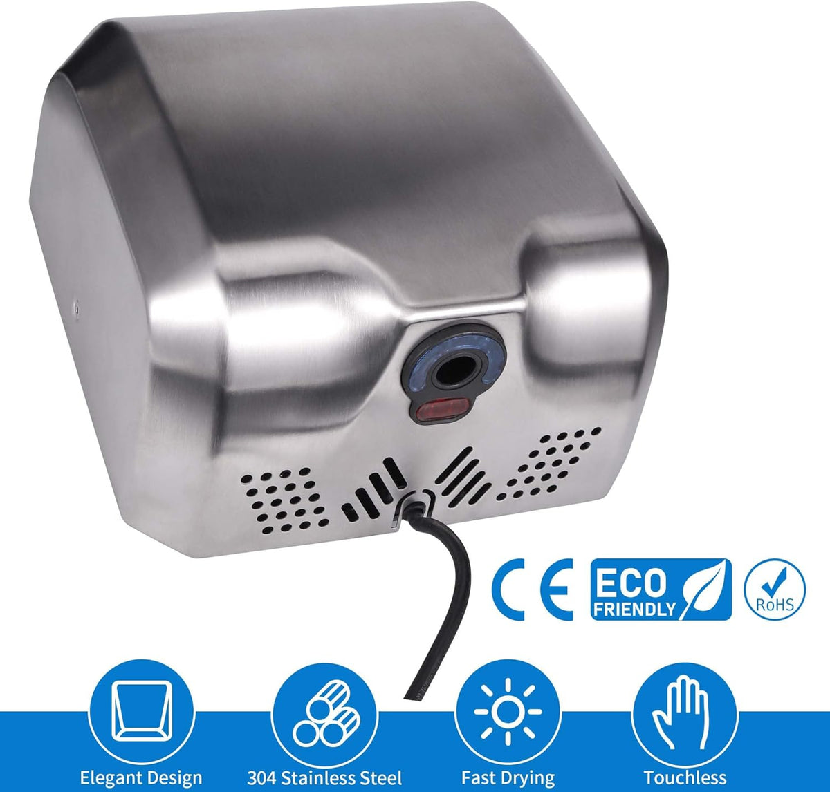 Goetland Stainless Steel Commercial Hand Dryer 1800w Automatic High Speed Heavy Duty Dull Polished - PuriLite