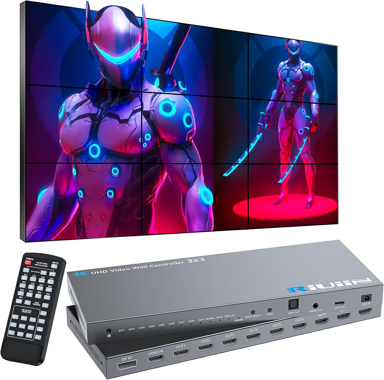 HDMI Video Wall Controller, RIUIIN TV Wall Controller, 4K TV Wall Processor, 180° Rotation, Audio, IR Remote, 2x2,1x2,1x3,1x4,2x1,3x1,4x1, Make 4 tv Screens into Wall Display - PuriLite