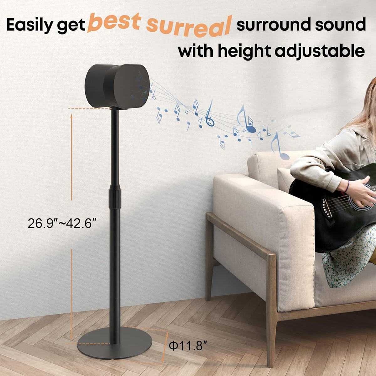 Speaker Stands for SONOS Era-100 and Era-300 - Height Adjustable Speaker Stand up to 42.6'', Concealed Cable Management, Max Load 11lbs, 1 Pair (2 Pack), Black - PuriLite