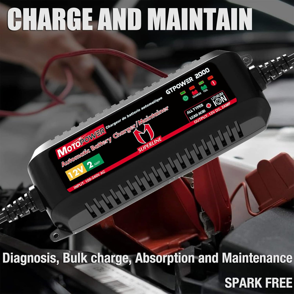 MOTOPOWER MP00205A 12V 800mA Fully Automatic Battery Charger/Maintainer - PuriLite