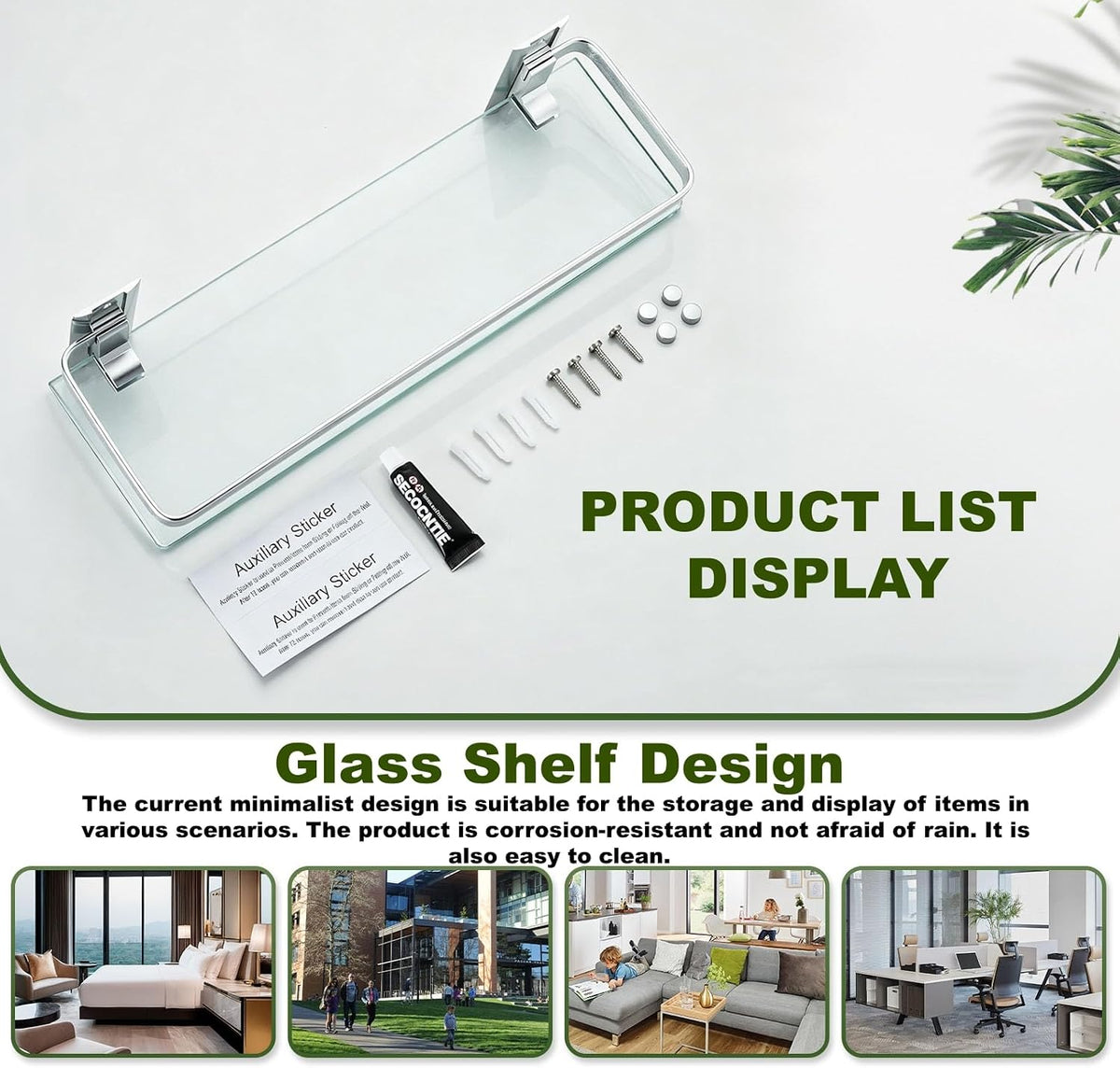 Bathroom Glass Shelf 15.7" Silver Wall-Mounted, Floating Metal Storage Rack | 3 Pack Aluminum Tempered Glass 0.3in Extra Thick Rectangular，Space-Saving Design