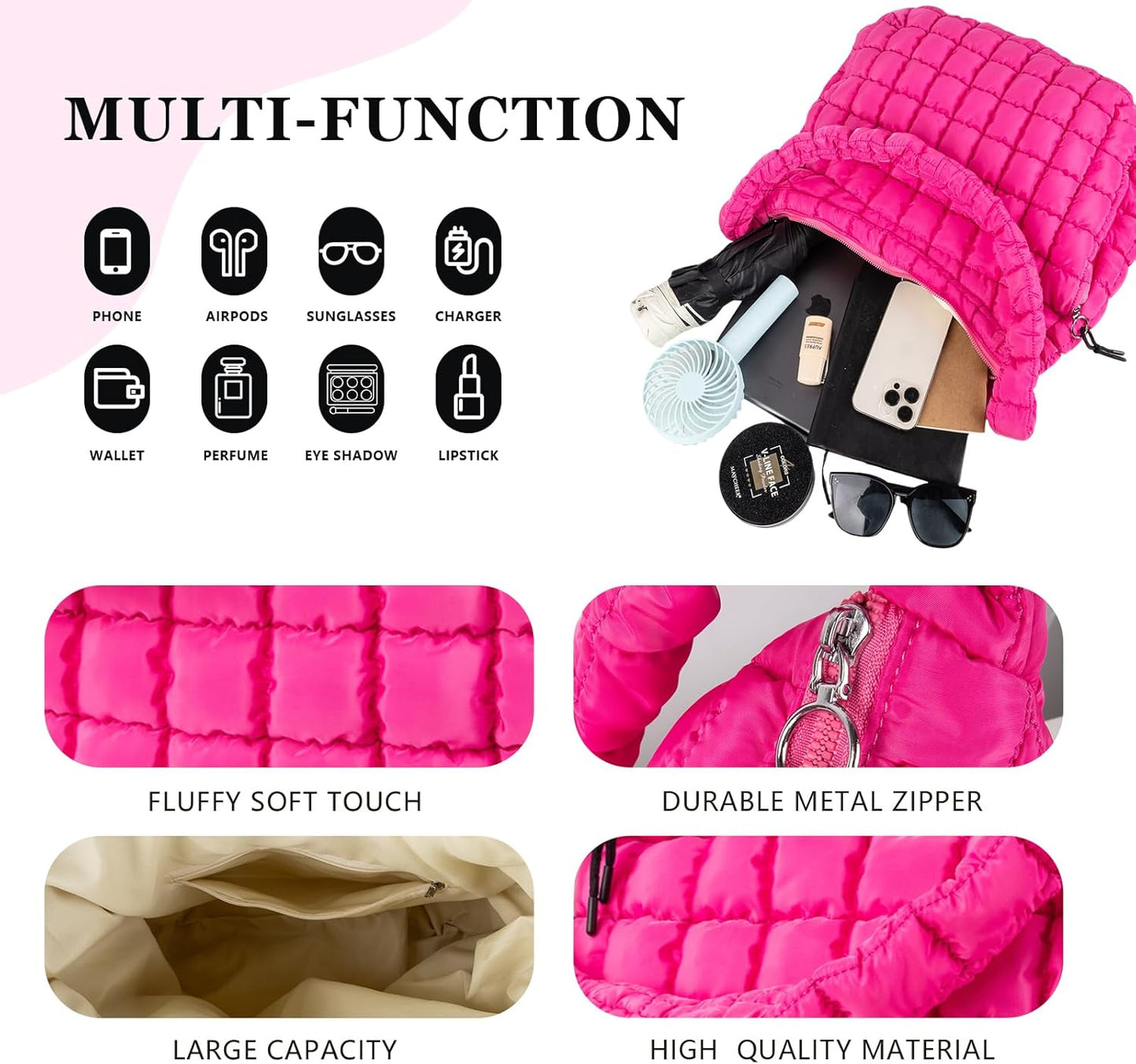 Quilted Puffer Tote Bag Large Crossbody Shoulder Bag with Zipper, Nylon Hobo Oversized Handbag - PuriLite