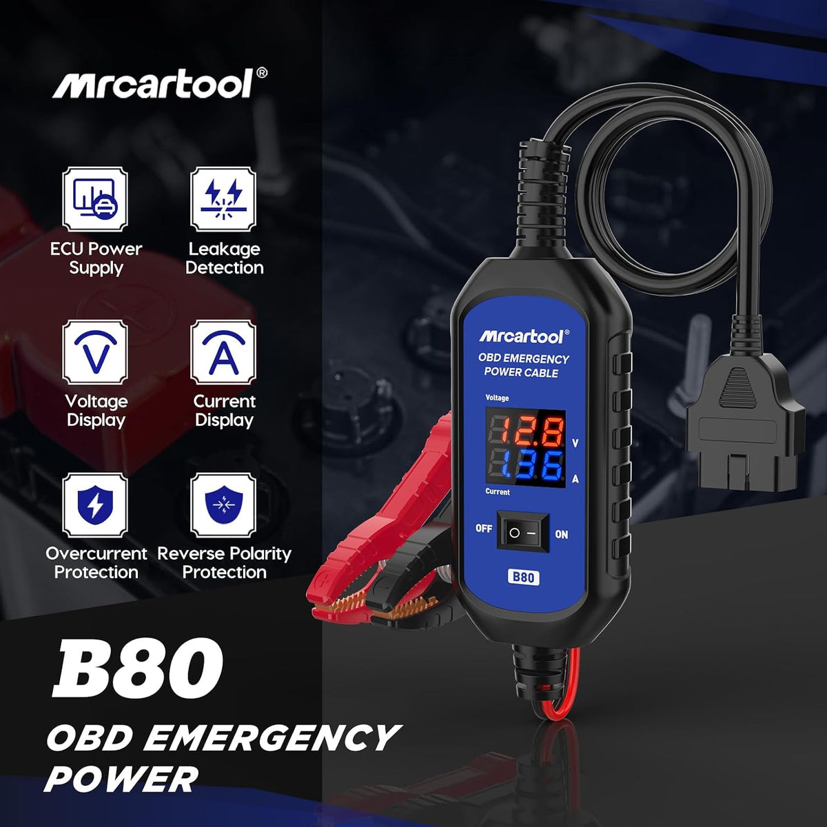MR CARTOOL OBD2 Car Memory Saver Cable with Voltage and Current Display, Vehicle Emergency Power Supply Cable 12V withAuto Leakage Detection,2 Alligator Clips&3A Fuse