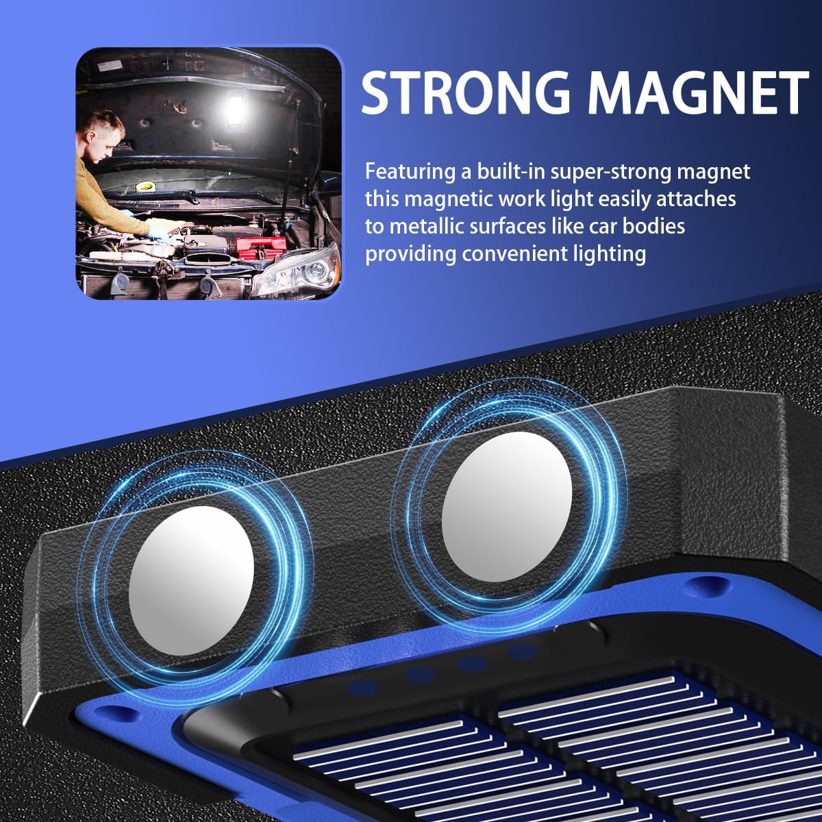 WARSUN Led Work Light Rechargeable, Portable Magnetic Work Light, LED Flood Light Waterproof for Outdoor Camping Hiking Emergency Car Repairing (USB + Solar Charging, Blue) - PuriLite