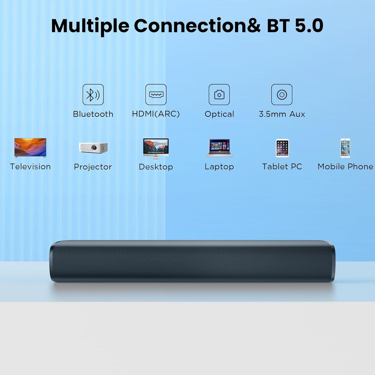 MZEIBO 50W Mini TV Sound Bar, Bluetooth Sound Bar with ARC/Optical/AUX, Compact Surround Sound System for Smart TVs, PCs, Projectors & Gaming - PuriLite